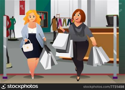 A vector illustration of Women Shopping in a Mall