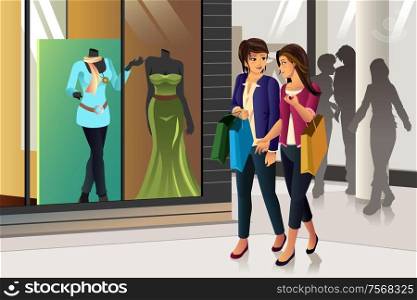 A vector illustration of women shopping together