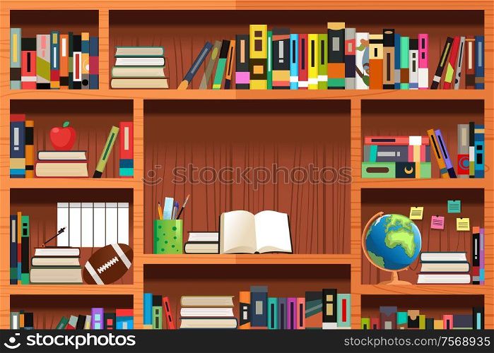 A vector illustration of wooden bookshelves with copyspace