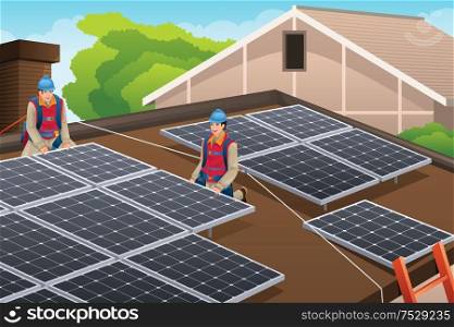 A vector illustration of workers installing solar panels on the roof