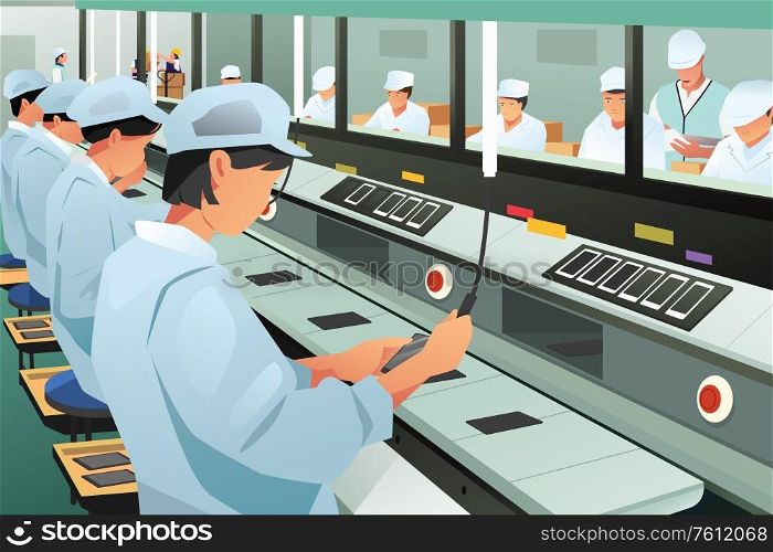A vector illustration of Workers Working in Phone Assembly Factory