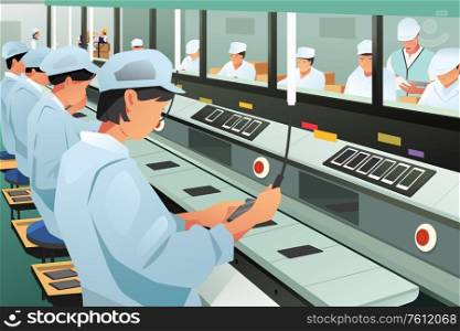 A vector illustration of Workers Working in Phone Assembly Factory
