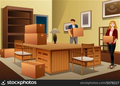 A vector illustration of Young Couple Carrying Boxes During House Moving
