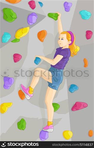 A vector illustration of young girl climbing indoor wall
