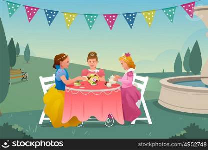 A vector illustration of Young Girls Having a Tea Party