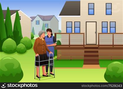 A vector illustration of young lady helping elderly woman using walker