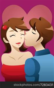 A vector illustration of young man kissing his girlfriend 