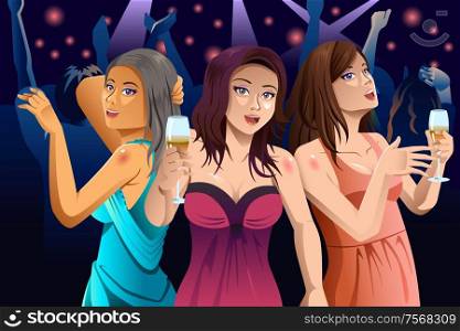 A vector illustration of young modern happy women dancing in a club
