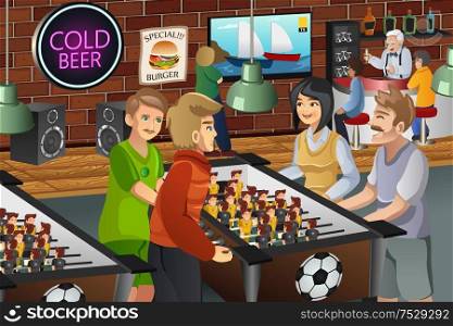 A vector illustration of young people playing foosball in a bar