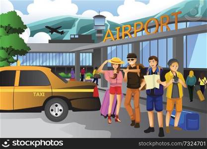 A vector illustration of young people traveling together