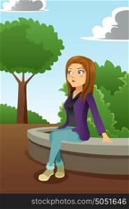 A vector illustration of Young Woman Sitting in a Park