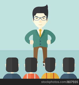 A very angry asian boss standing having a meeting to his employees facing him inside the office. Deadline and work Relationships business concept. A Contemporary style with pastel palette, soft blue tinted background. Vector flat design illustration. Square layout.. Angry Asian boss with his employees