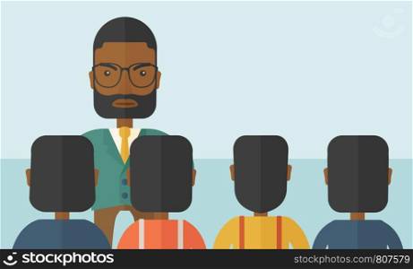 A very angry black boss standing having a meeting to his employees facing him inside the office. Deadline and work Relationships business concept. A Contemporary style with pastel palette, soft blue tinted background. Vector flat design illustration. Horizontal layout. . Angry black boss facing at his employees.