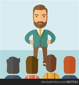 A very angry boss standing having a meeting to his employees facing him inside the office. Deadline and work Relationships business concept. A Contemporary style with pastel palette, soft blue tinted background. Vector flat design illustration. Square layout. . Angry boss facing at his employees.