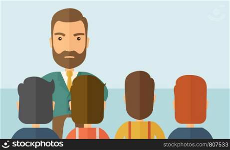 A very angry boss standing having a meeting to his employees facing him inside the office. Deadline and work Relationships business concept. A Contemporary style with pastel palette, soft blue tinted background. Vector flat design illustration. Horizontal layout with text space in upper right side.. Angry boss facing at his employees.