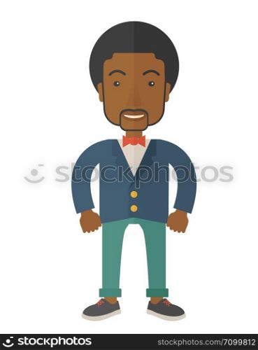 A very confident black guy standing straight showing that he has a strong teambuilding togetherness. Teamwork concept. A Contemporary style. Vector flat design illustration isolated white background. Vertical layout.. Black businessman standing straight.
