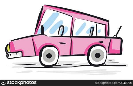 A very cute sketch of a car in pink color, vector, color drawing or illustration.