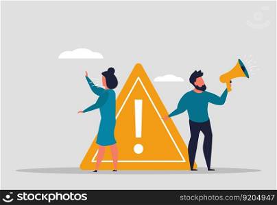 A very important announcement, a man with a megaphone and a screaming woman announce the news. Information or breaking news. Business people with an exclamation point. Vector illustration