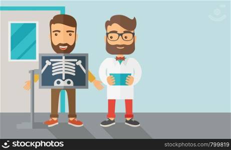 A view of man is holding a X-ray picture. Contemporary style with pastel palette, soft blue tinted background. Vector flat design illustrations. Horizontal layout with text space in right side.. The view of man is holding a X-ray picture
