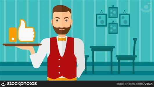 A waiter carrying a tray with like button on a cafe background vector flat design illustration. Horizontal layout.. Waiter with like button.