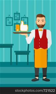 A waiter carrying a tray with like button on a cafe background vector flat design illustration. Vertical layout.. Waiter with like button.