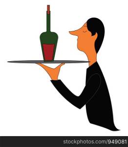 A waiter with a bottle of wine, vector, color drawing or illustration.
