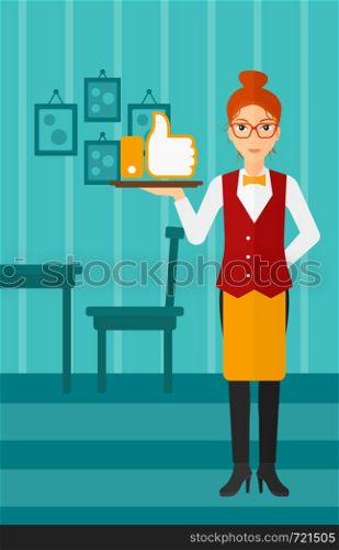 A waitress carrying a tray with like button on a cafe background vector flat design illustration. Vertical layout.. Waitress with like button.