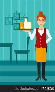 A waitress carrying a tray with like button on a cafe background vector flat design illustration. Vertical layout.. Waitress with like button.
