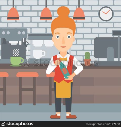 A waitress holding a bottle in hands on the background of a cafe vector flat design illustration. Square layout. . Waitress holding bottle of wine.