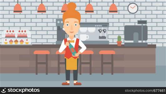 A waitress holding a bottle in hands on the background of a cafe vector flat design illustration. Horizontal layout. . Waitress holding bottle of wine.