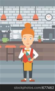 A waitress holding a bottle in hands on the background of a cafe vector flat design illustration. Vertical layout. . Waitress holding bottle of wine.