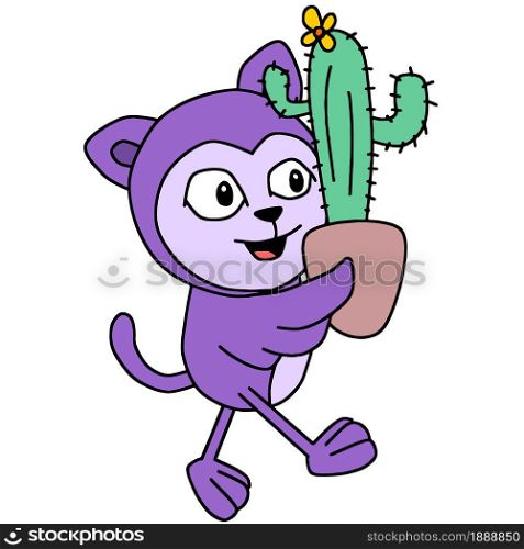 a walking bird carrying a cactus plant in a pot. cartoon illustration sticker mascot emoticon