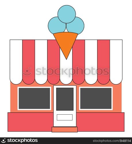 A well decorated ice cream shop with a model ice cream placed at the top center, vector, color drawing or illustration.
