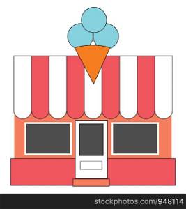 A well decorated ice cream shop with a model ice cream placed at the top center, vector, color drawing or illustration.