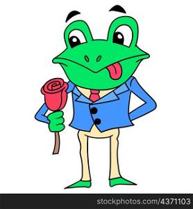 a well dressed romantic frog carrying a rose is ready for a date