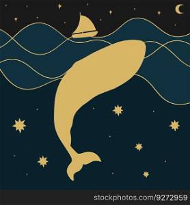 A wha≤and a boat in the night ocean. Minimalist background with midnight sky and ocean view and silhouettes of a ship and a wha≤. Vector art