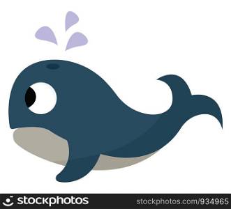 A whale in blue upperparts and grey underparts has a streamlined body, forked tail, triangular-like fins, crossed eyes and forms bubbles while swimming, vector, color drawing or illustration.