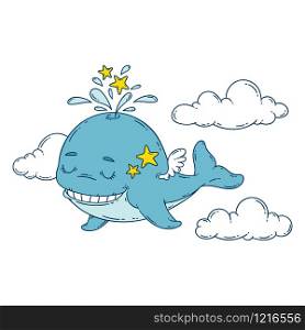 A whale with wings in the sky with stars. Vector illustration isolated on white background. Print for nursery.