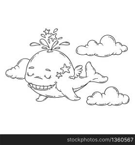 A whale with wings in the sky with stars. Vector illustration isolated on white background. Print for nursery. Coloring page for kids.