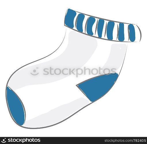 A white and blue baby sock, vector, color drawing or illustration.