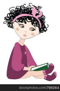 A white girl with curly hair wearing a magenta dress reading a green book, vector, color drawing or illustration.