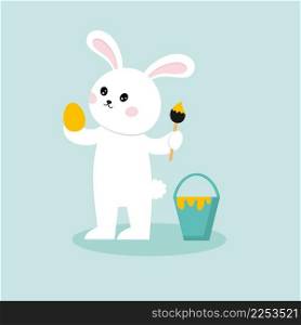 A white hare paints an Easter egg. Postcard for the Easter holiday.