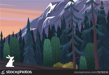 A white hare sits on the edge of a coniferous dense gloomy dark blue forest. Rock background. High mountains with snowy peaks. Harsh nature. Forest animals. Wild nature. Flat vector illustration. White hare on the edge of coniferous deep gloomy forest. Wild nature and animals. Flat image