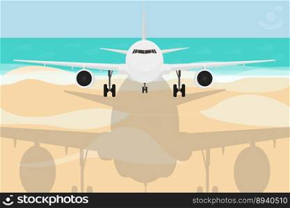 a white passenger plane flies over the sea and beach on vacation flight air transport. white passenger plane flies over the sea and beach on vacation flight air transport