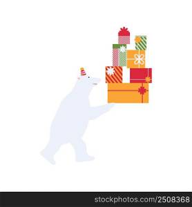A white polar bear carries boxes with Christmas gifts. Cute childrens new year illustration
