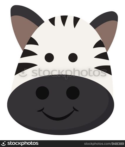 A wild horse with black-and-white stripes, brown ears, has a cute little face on the oval mouth and is smiling set isolated on white background, vector, color drawing or illustration.