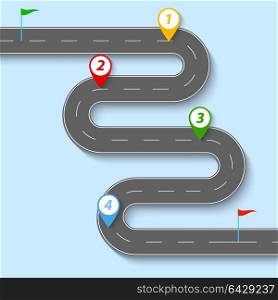 A winding road with road signs and flags. . A winding road with road signs and flags. Vector illustration .