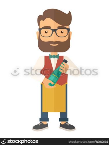 A wine maker standing wearing his apron holding a bottle of wine. . A Contemporary style. Vector flat design illustration isolated white background. Vertical layout.. Wine maker holding a bottle of wine.