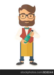 A wine maker standing wearing his apron holding a bottle of wine. . A Contemporary style. Vector flat design illustration isolated white background. Vertical layout.. Wine maker holding a bottle of wine.