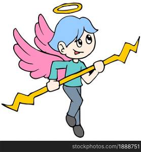 a winged angel was flying carrying his wand. cartoon illustration sticker mascot emoticon